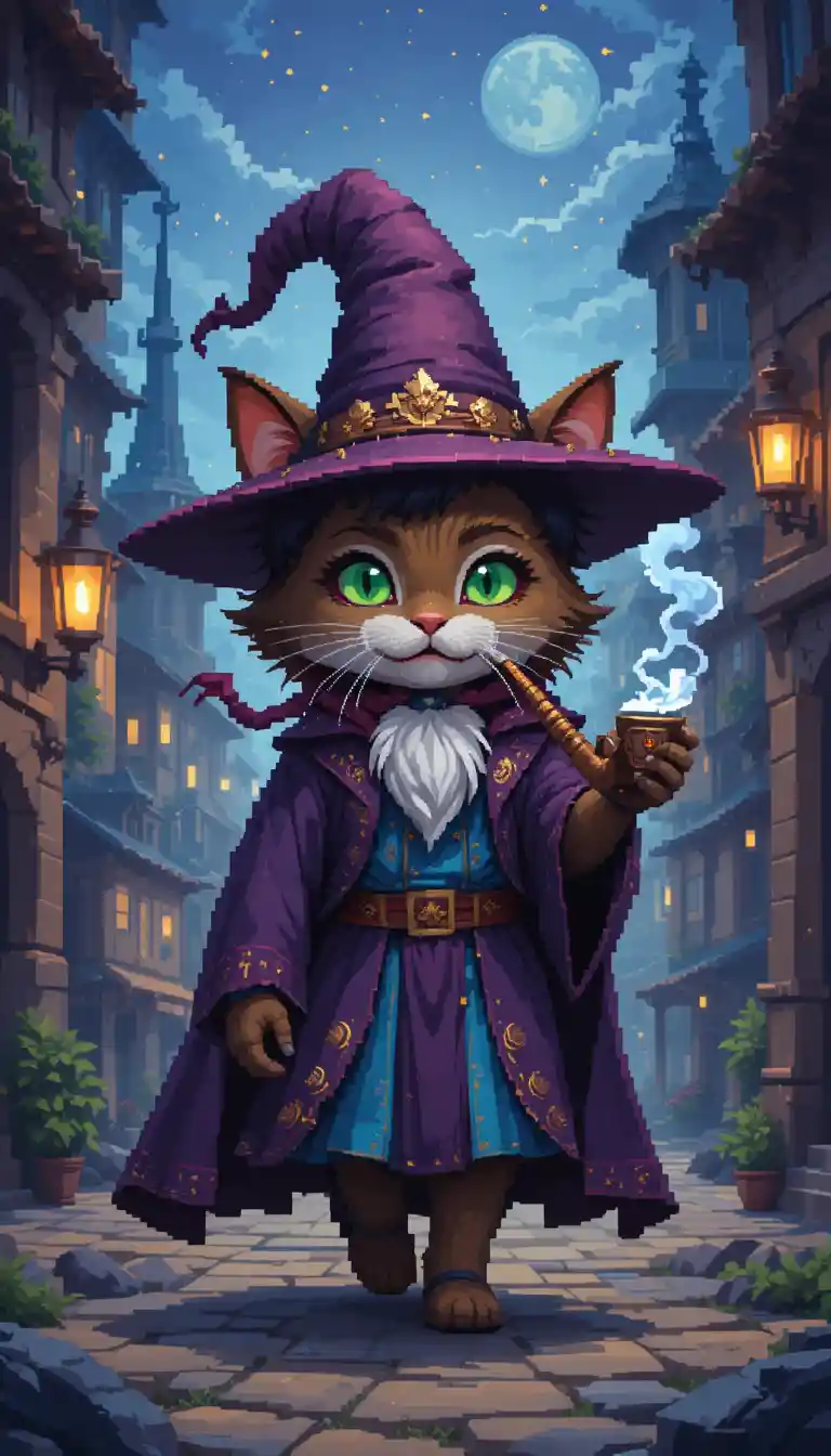 Gato mago em pixel art caminhando por uma misteriosa cidade fantástica