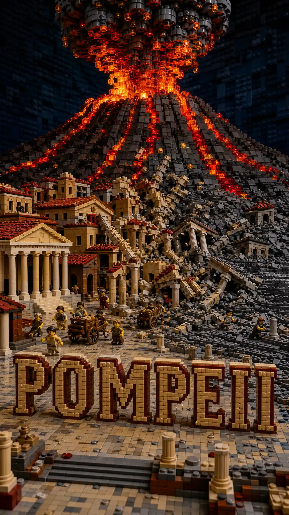 Brick diorama of Pompeii with erupting volcano and forum letters