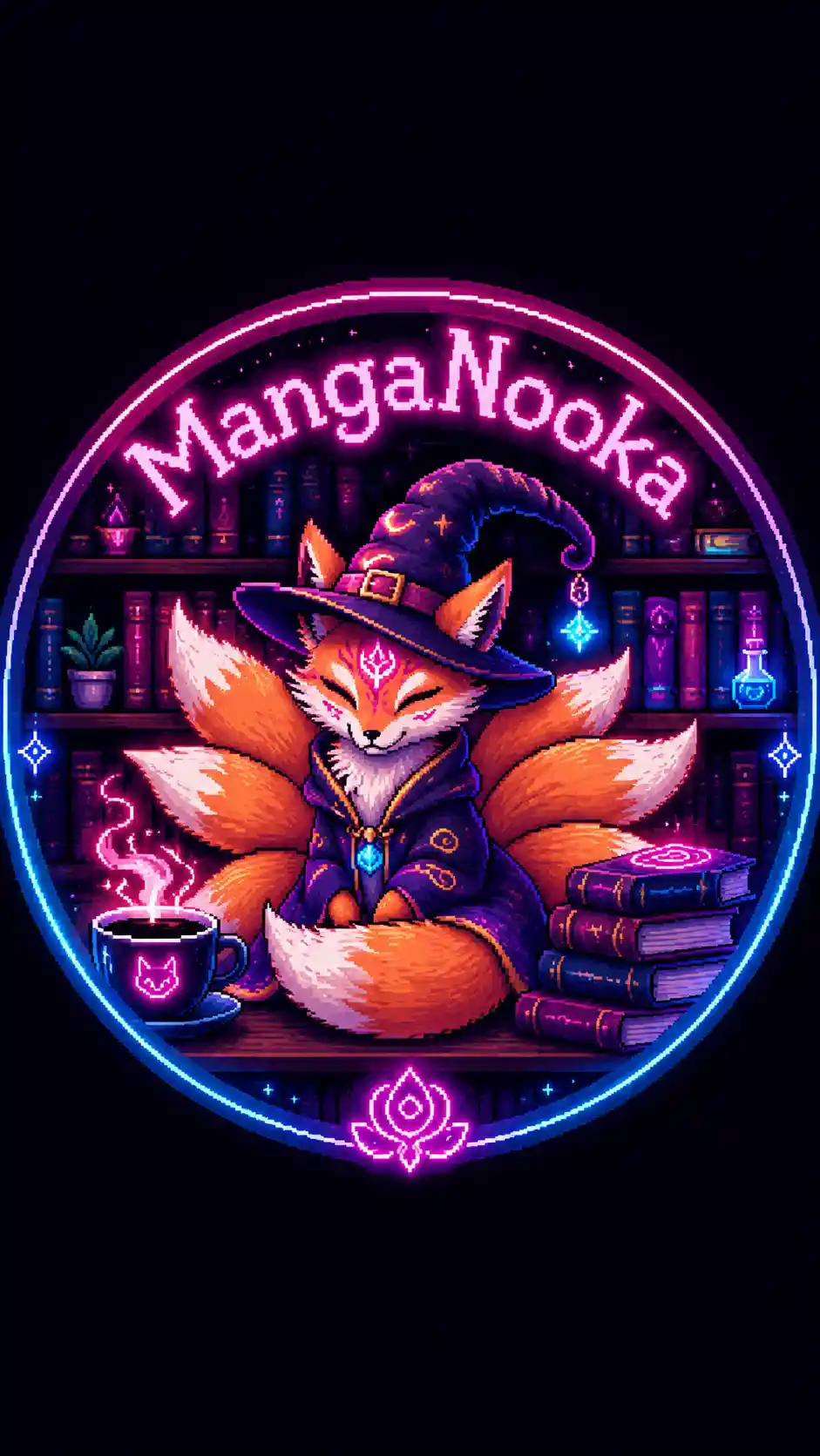 Logo em pixel art de uma raposa de nove caudas com café e livros