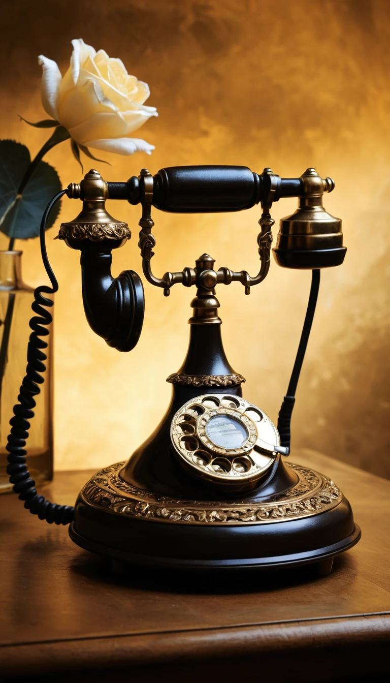 Golden rotary phone on dark wooden table with flowers