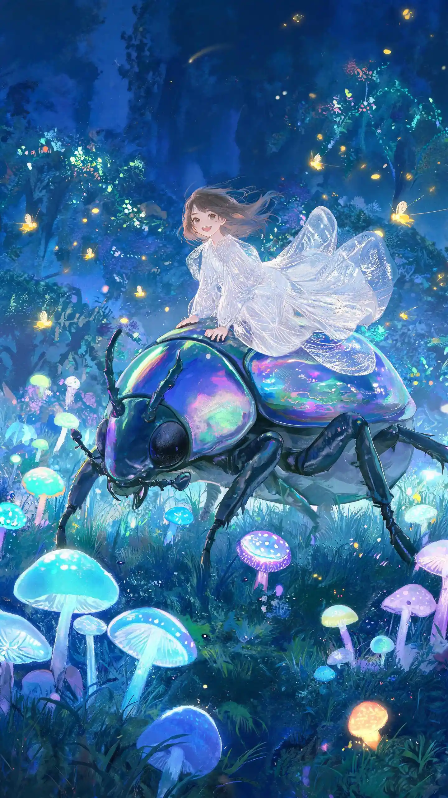 Bambino che cavalca uno scarabeo luminoso in una foresta luccicante