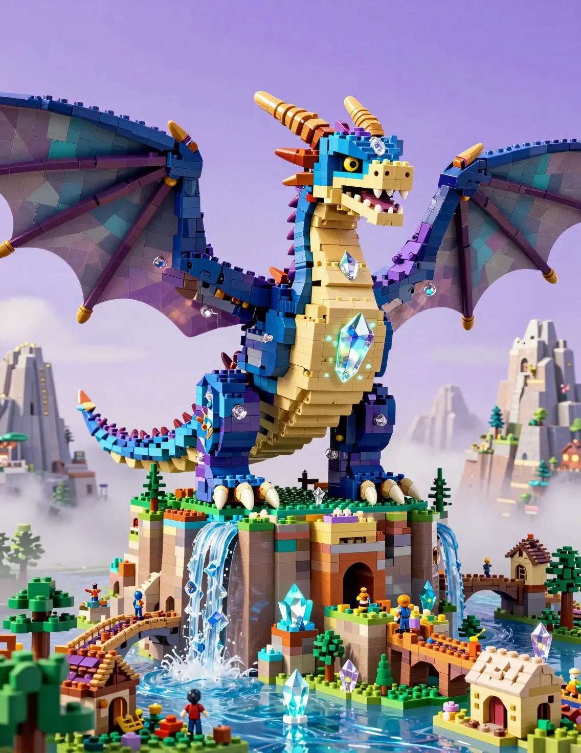 Blockgebauter Fantasy-Drache über einer Bergfestung