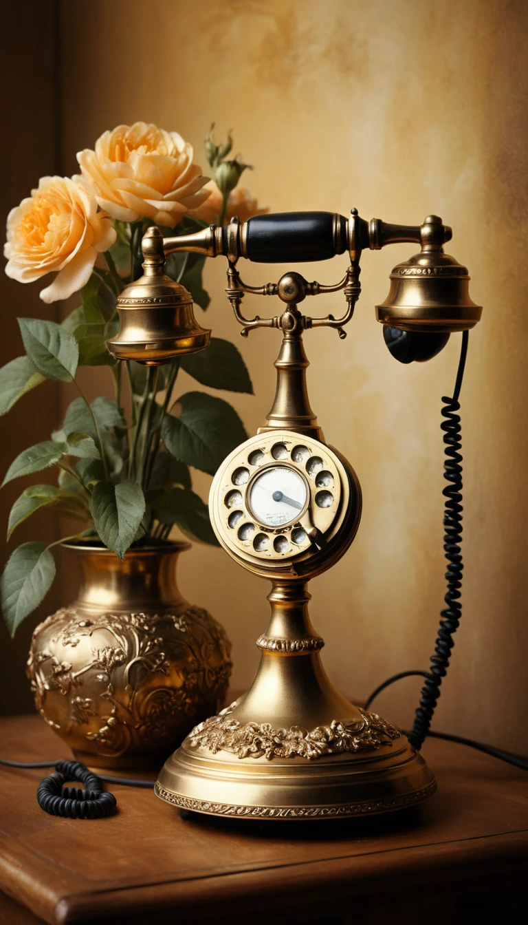 Telefone dourado de disco em mesa de madeira escura com flores