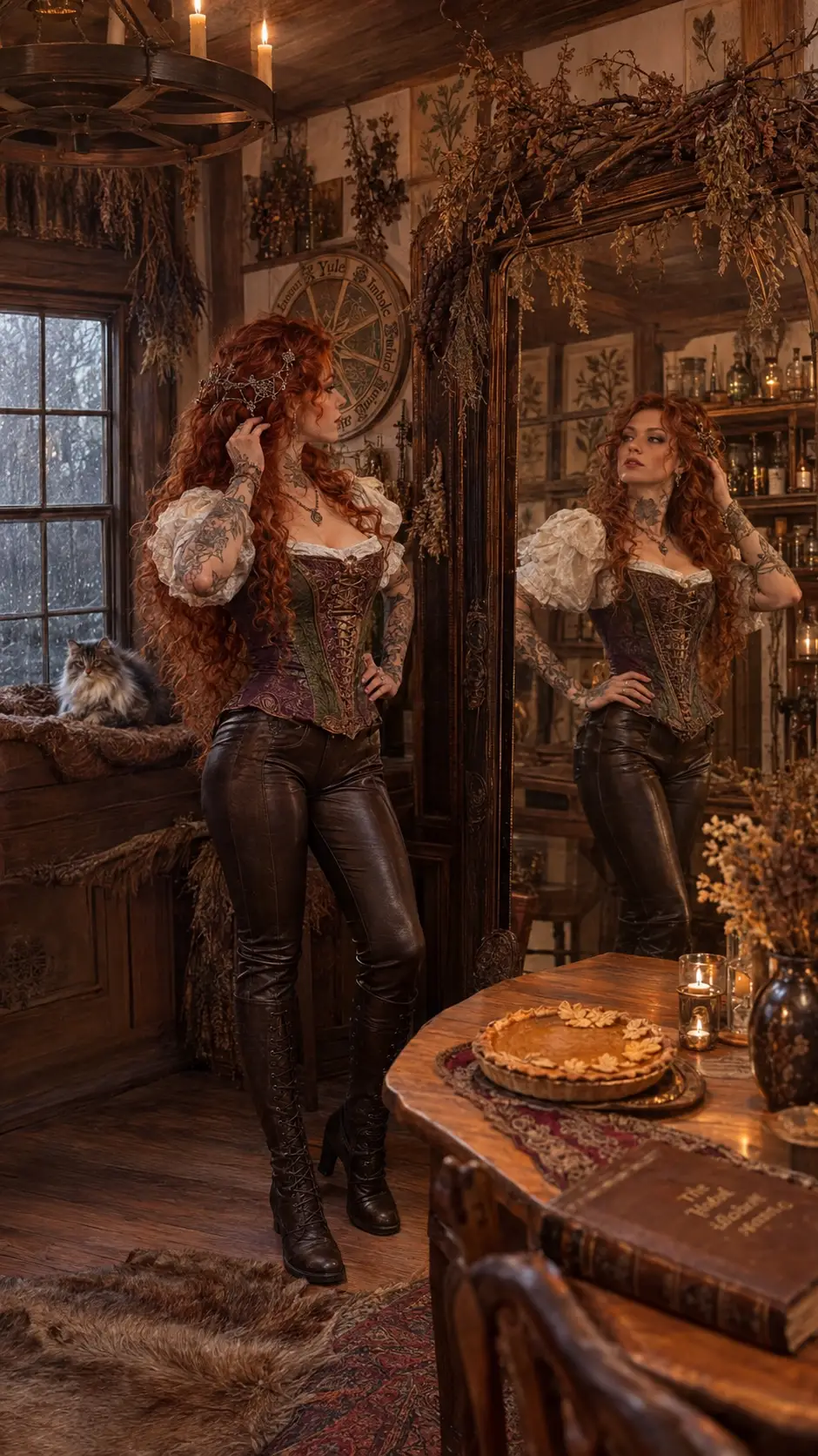 Red haired woman adjusting silver hairpiece before rustic mirror