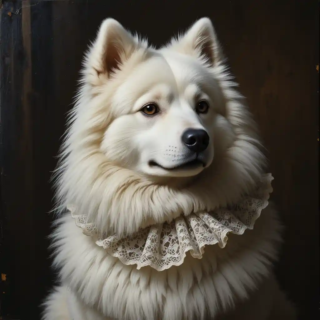 Retrato barroco de um Samoieda branco com gola de renda
