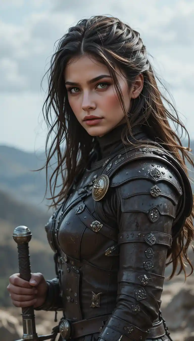 Female warrior scanning the horizon on a windy ridge