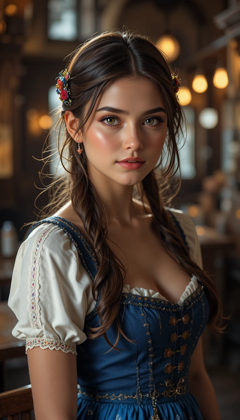 Femme brune en dirndl bleu dans la lumière chaude d’une taverne