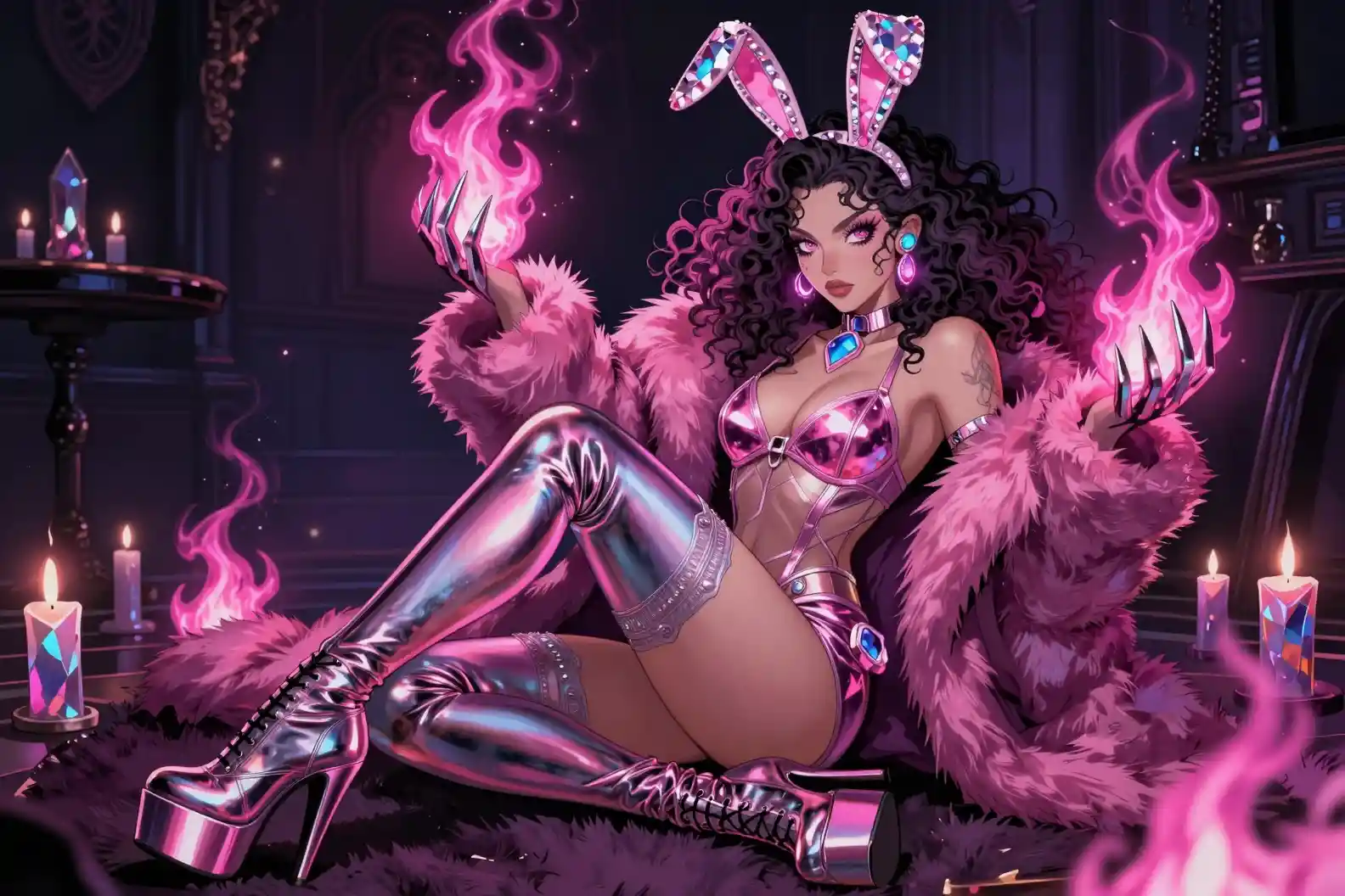 Cyber witch casting pink fire on a fluffy carpet
