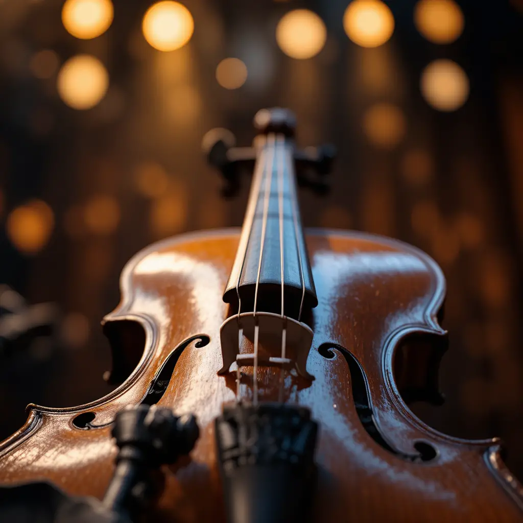 Primo piano macro di un violino vintage su un palco da concerto