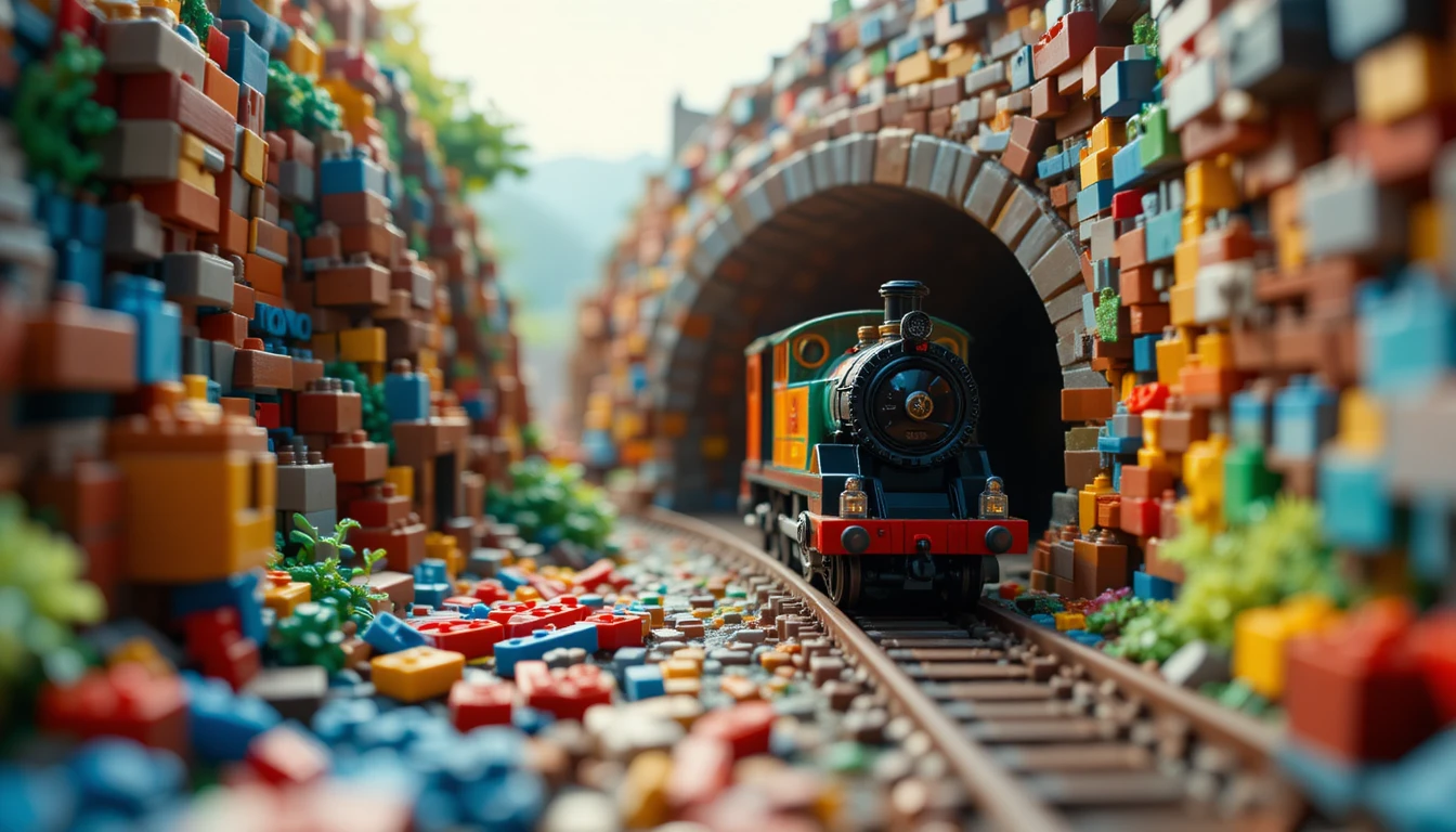 Miniature toy train entering a brick tunnel in close up