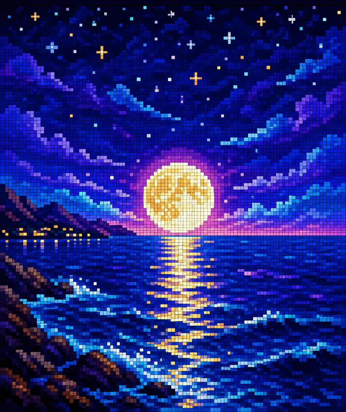 Nascer da lua em pixel art sobre um mar azul-profundo e tranquilo