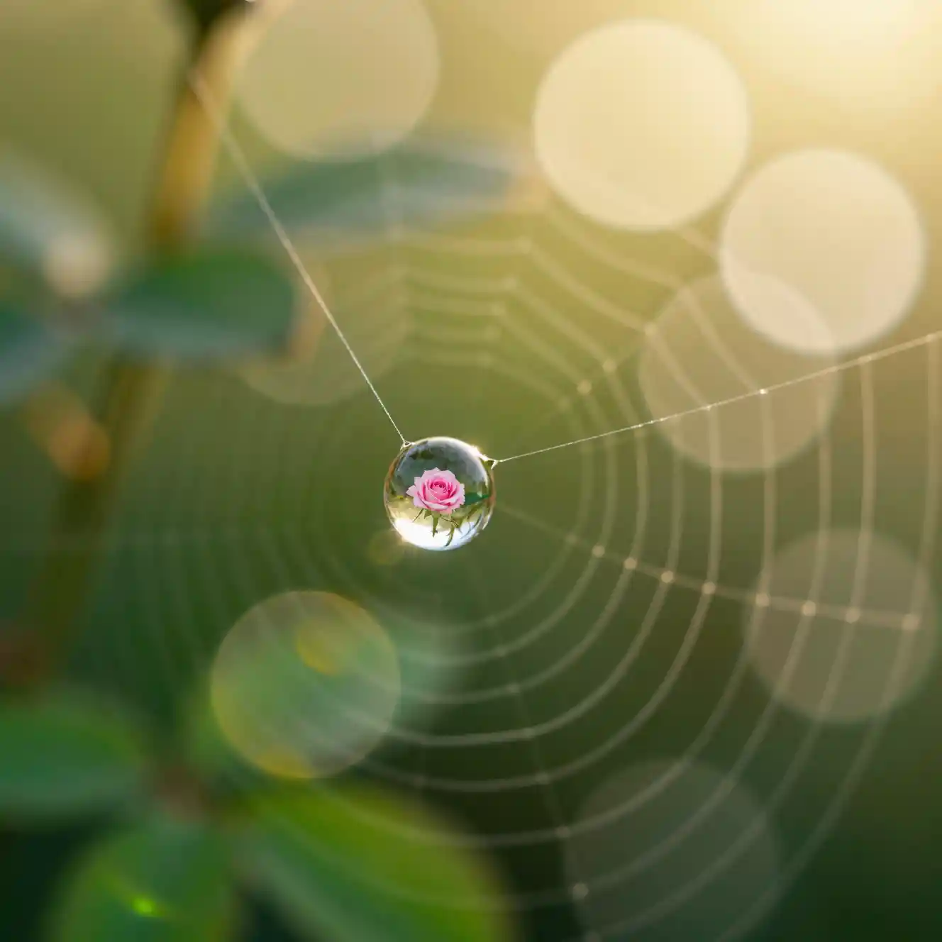 Gota de água macro em teia de aranha refletindo uma pequena rosa