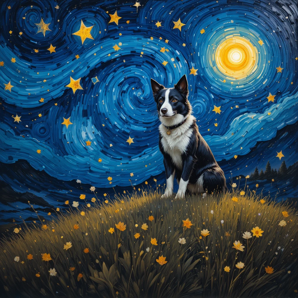 Border collie sur une colline herbeuse sous un ciel nocturne tourbillonnant