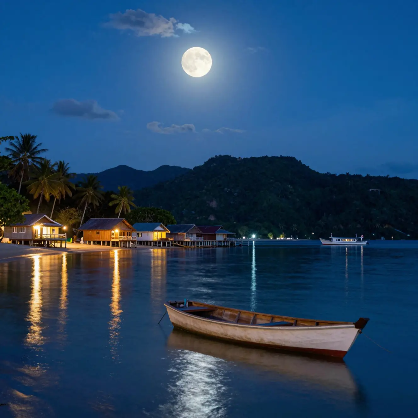 Baie tropicale au clair de lune avec bateau en bois et maisons sur pilotis