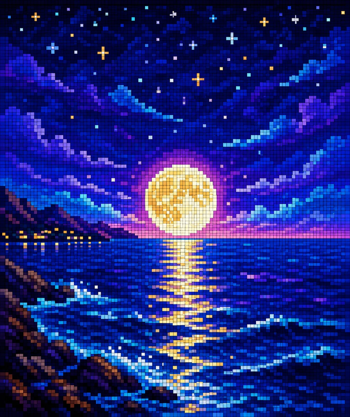 Nascer da lua em pixel art sobre um mar azul-profundo e tranquilo