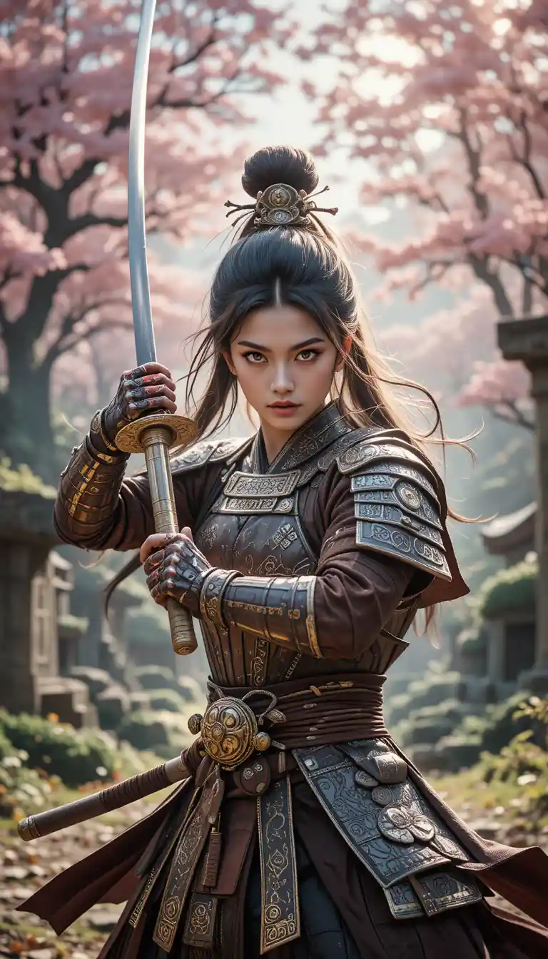 Fierce female warrior posing with katana in forest