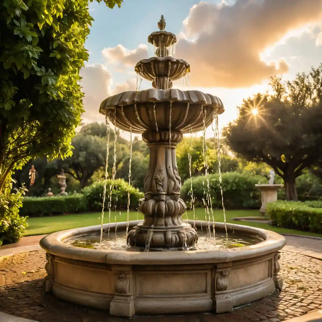 Affascinante fontana italiana decorata che brilla in un rigoglioso giardino verde