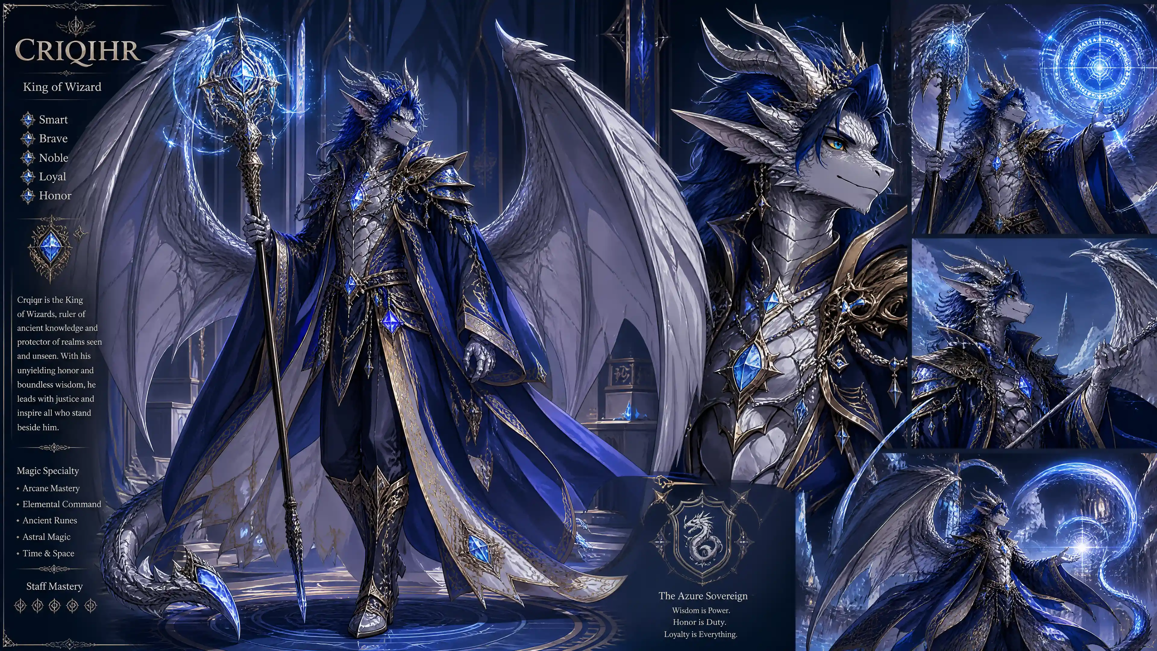 Winged dragon king in royal wizard garments with staff