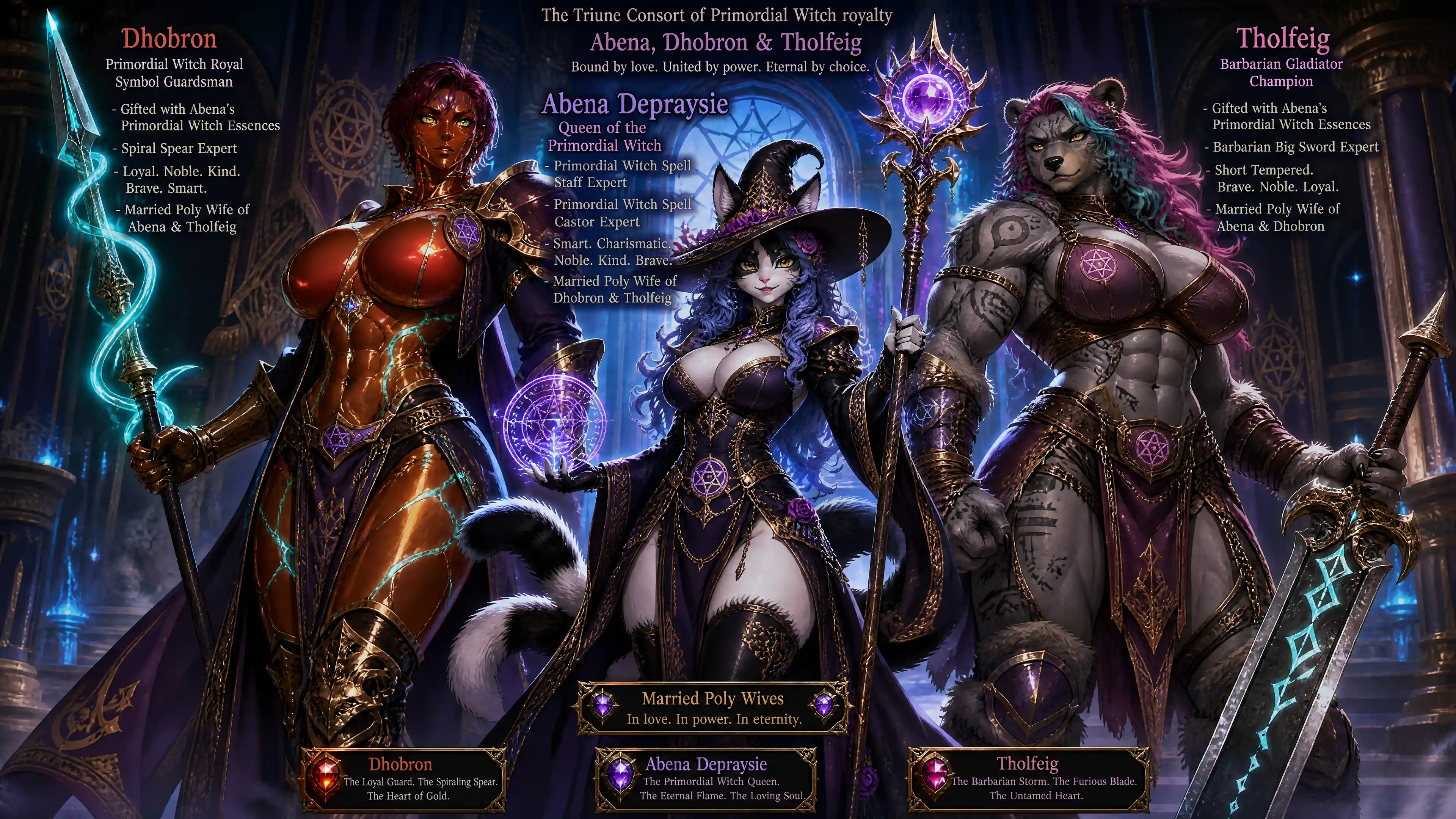 Reine sorcière féline royale avec double queue et bâton magique