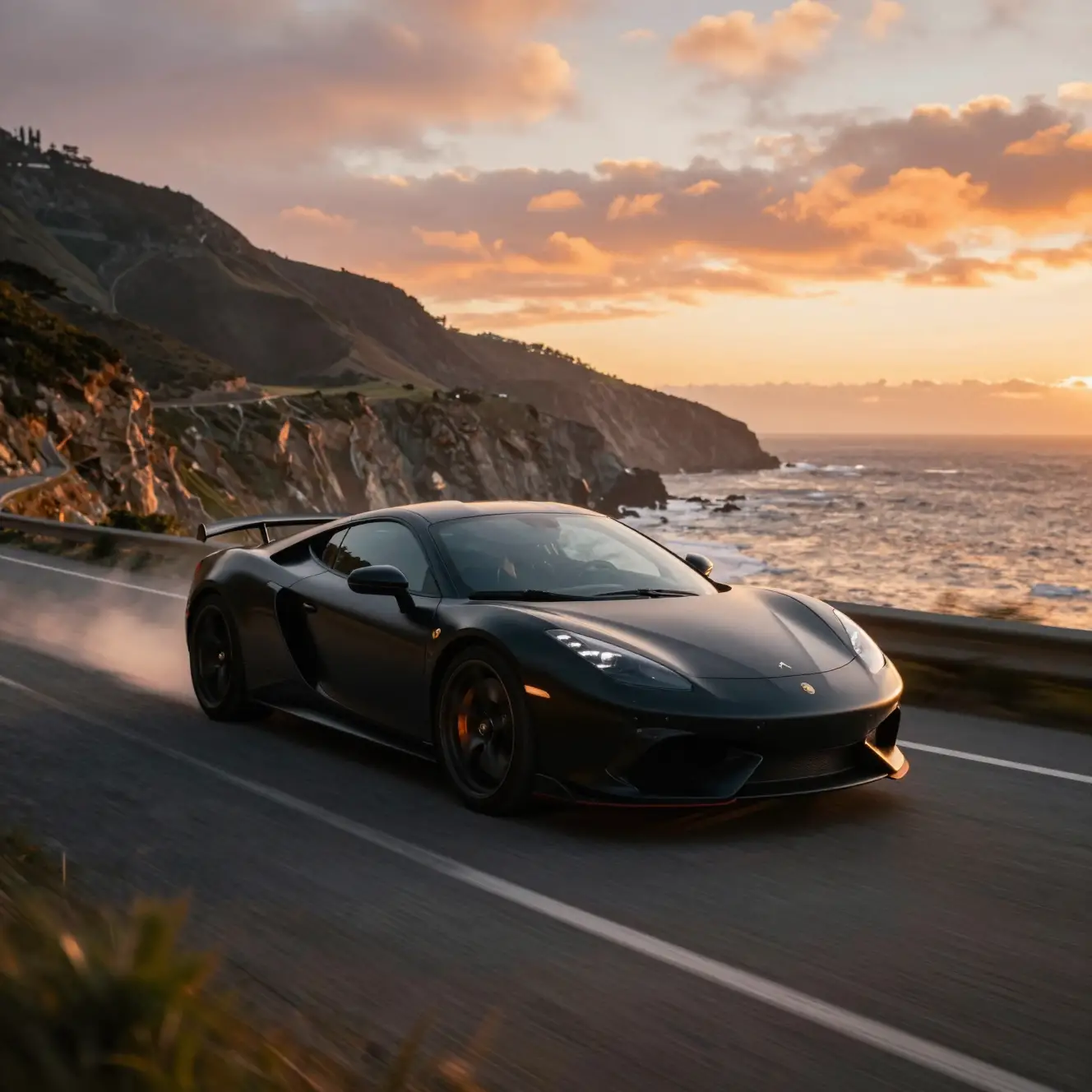 Black sports car drifting along a coastal mountain road at sunset