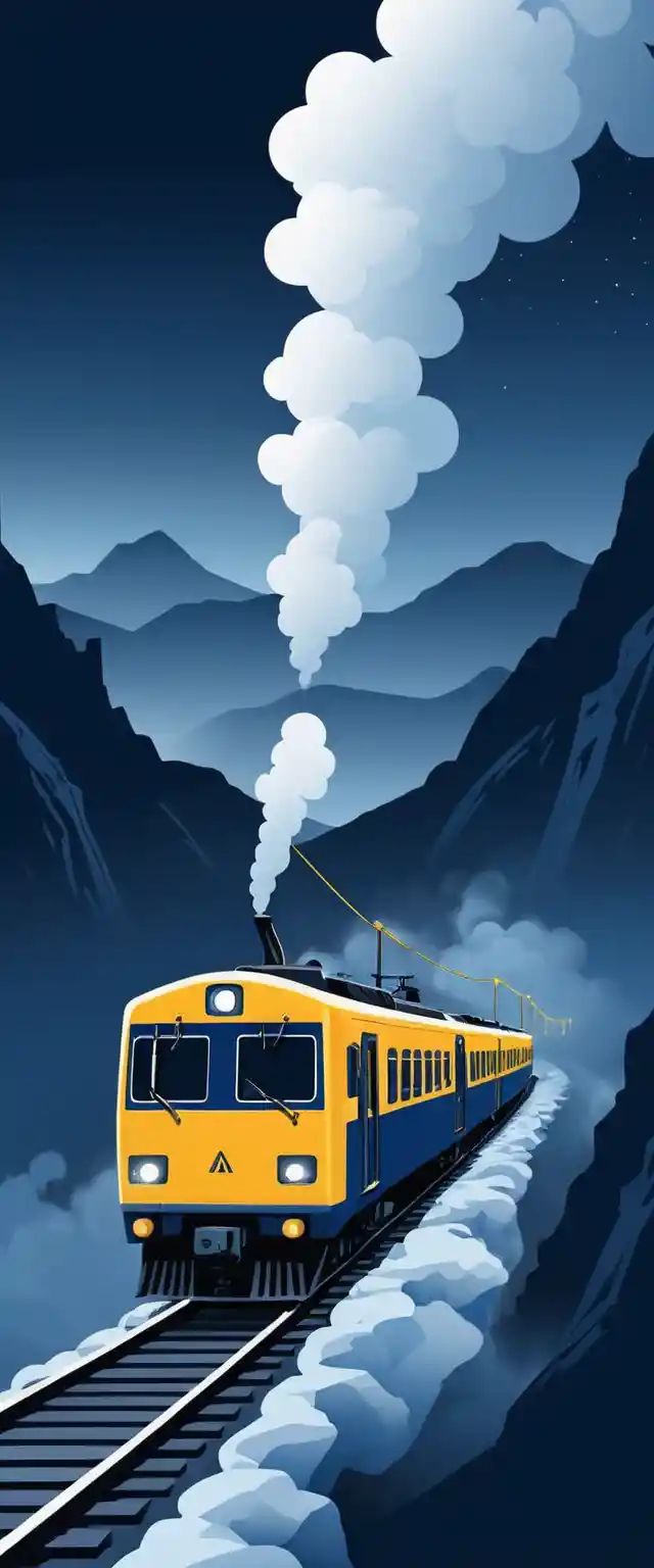 Girl stopping a dark blue train on foggy night bridge