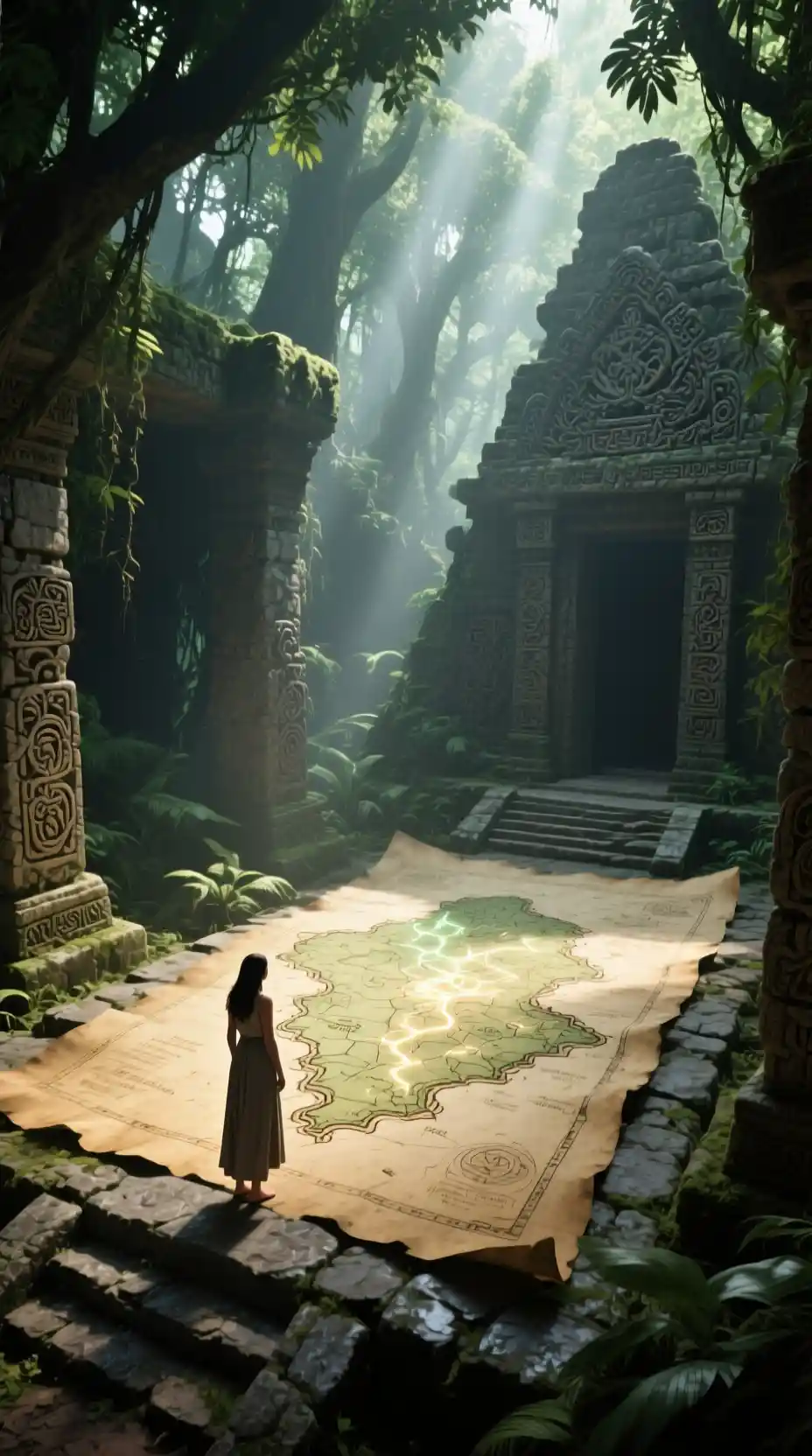 Woman studying a glowing ancient map in jungle temple