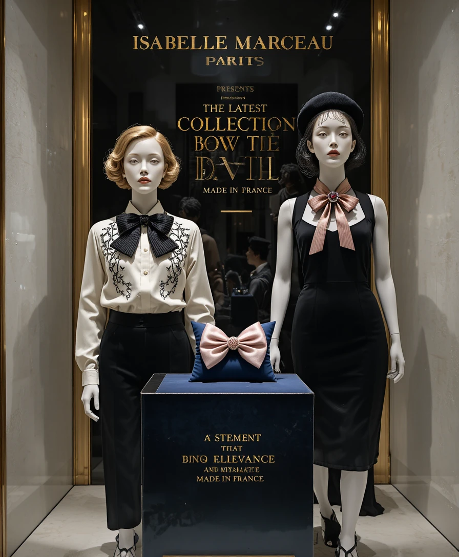 Luxury fashion mannequins with statement bow ties in store window