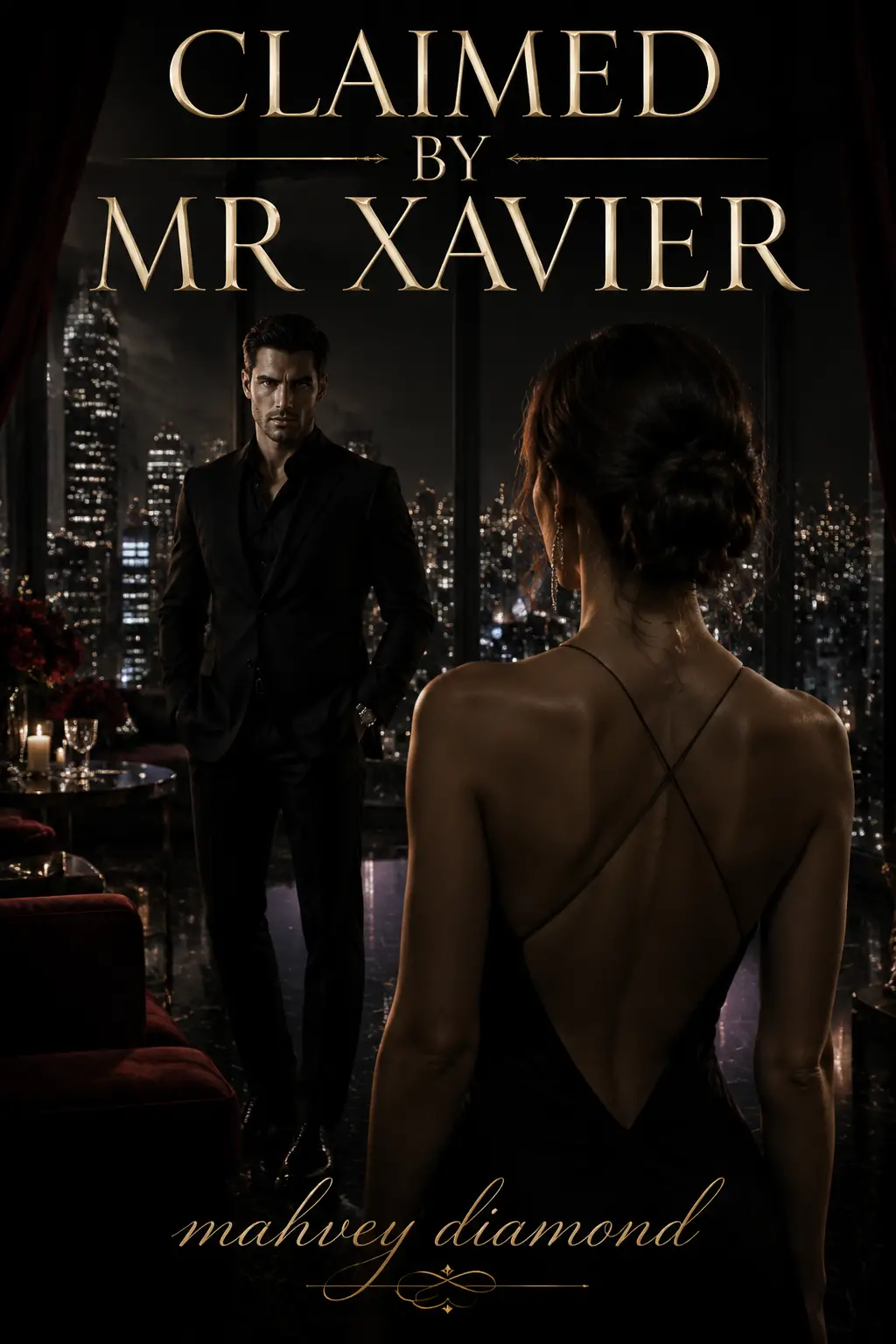 Elegant couple in tense standoff in luxury penthouse at night