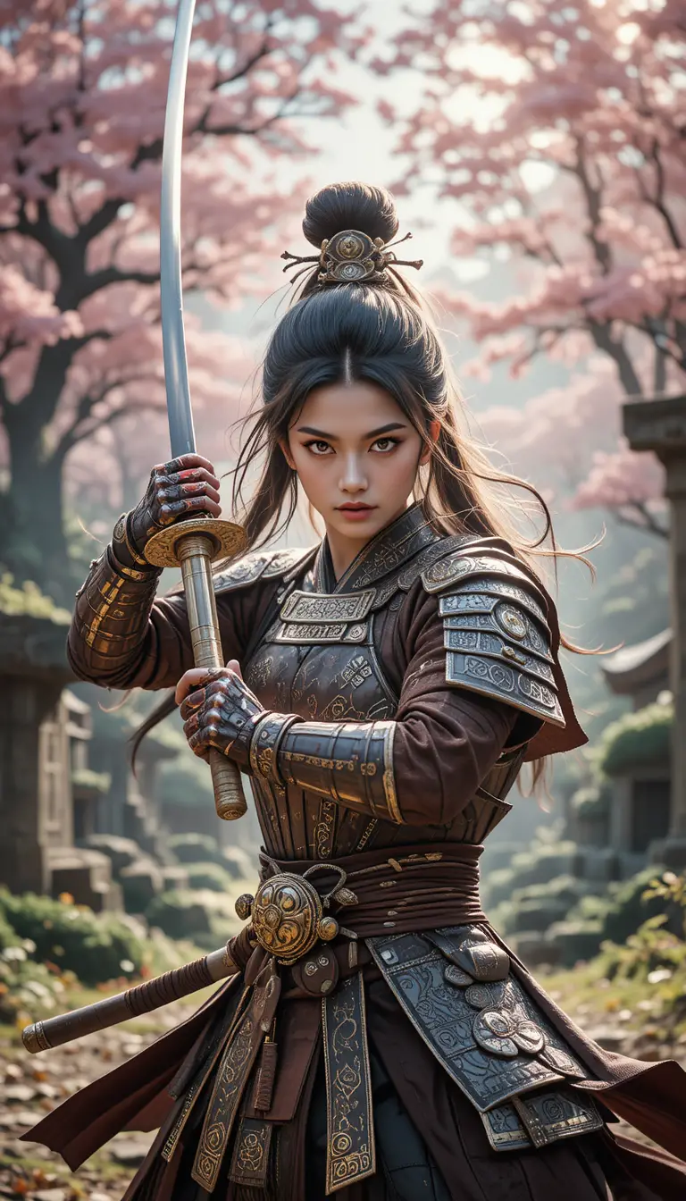 Fierce female warrior posing with katana in forest