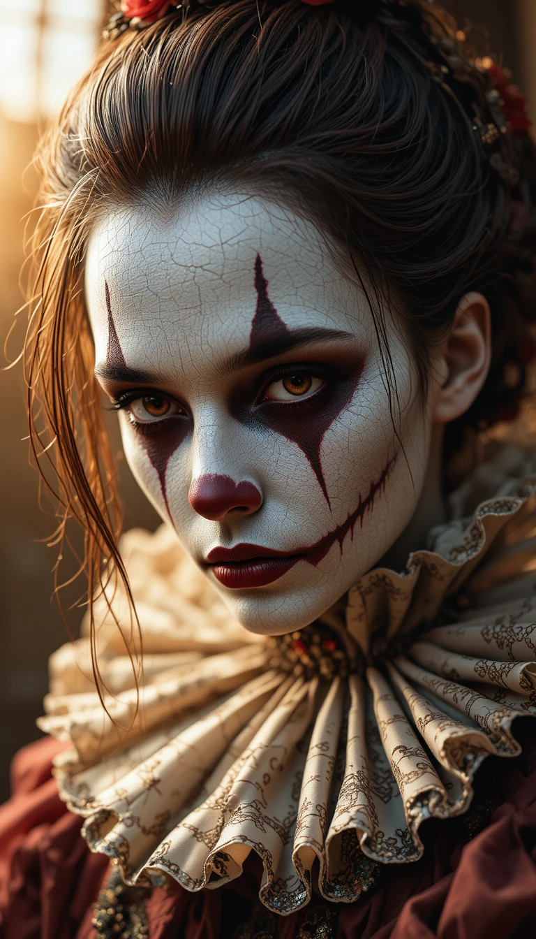 Primo piano di un elegante e inquietante clown di Halloween