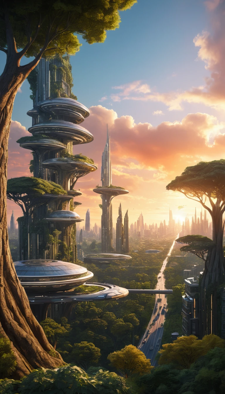 Isolati urbani futuristici che si innalzano sopra un paesaggio di alberi colossali