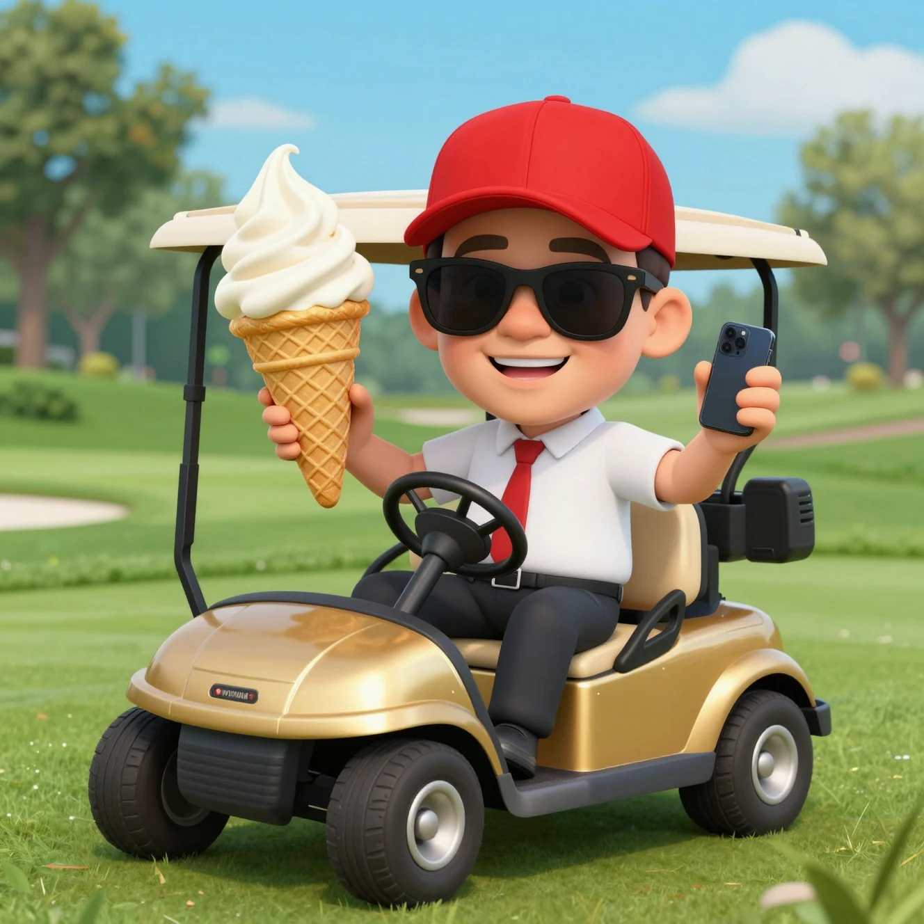 Cartoon politician in sunglasses driving a gold golf cart