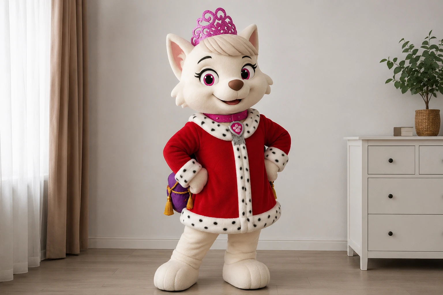 Mascote de cachorro princesa em um enquadramento de câmera amplo