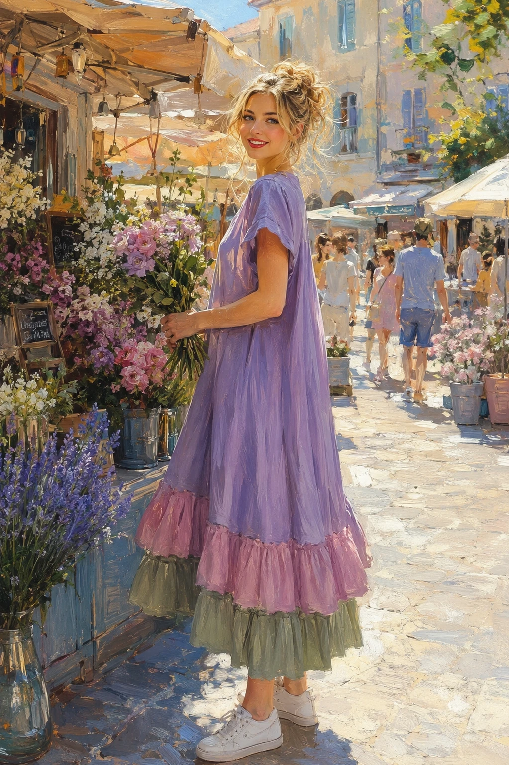Mulher loira comprando flores em uma barraca de rua no verão