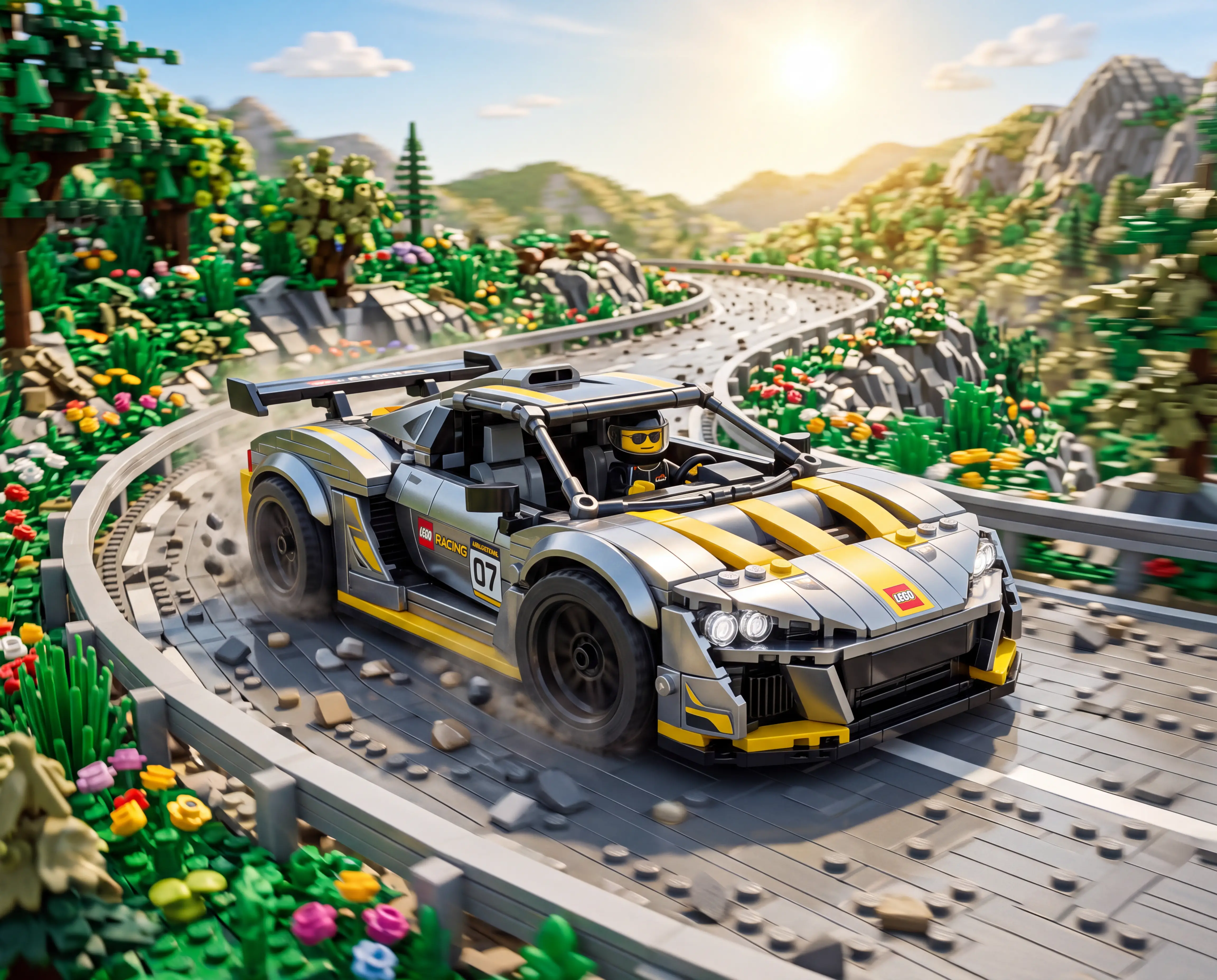 Supercarro de Lego correndo por uma estrada de montanha ensolarada