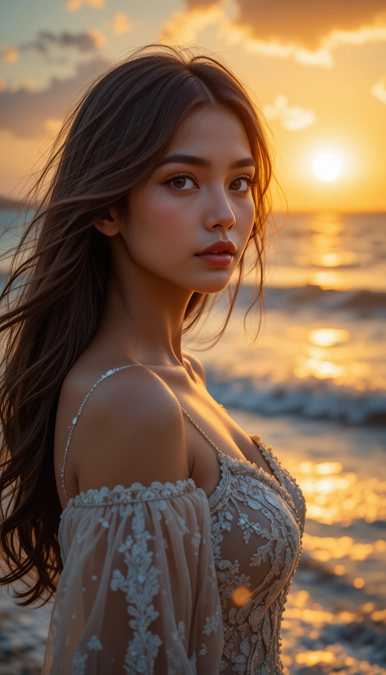 Jovem à beira-mar ao pôr do sol em visão cinematográfica