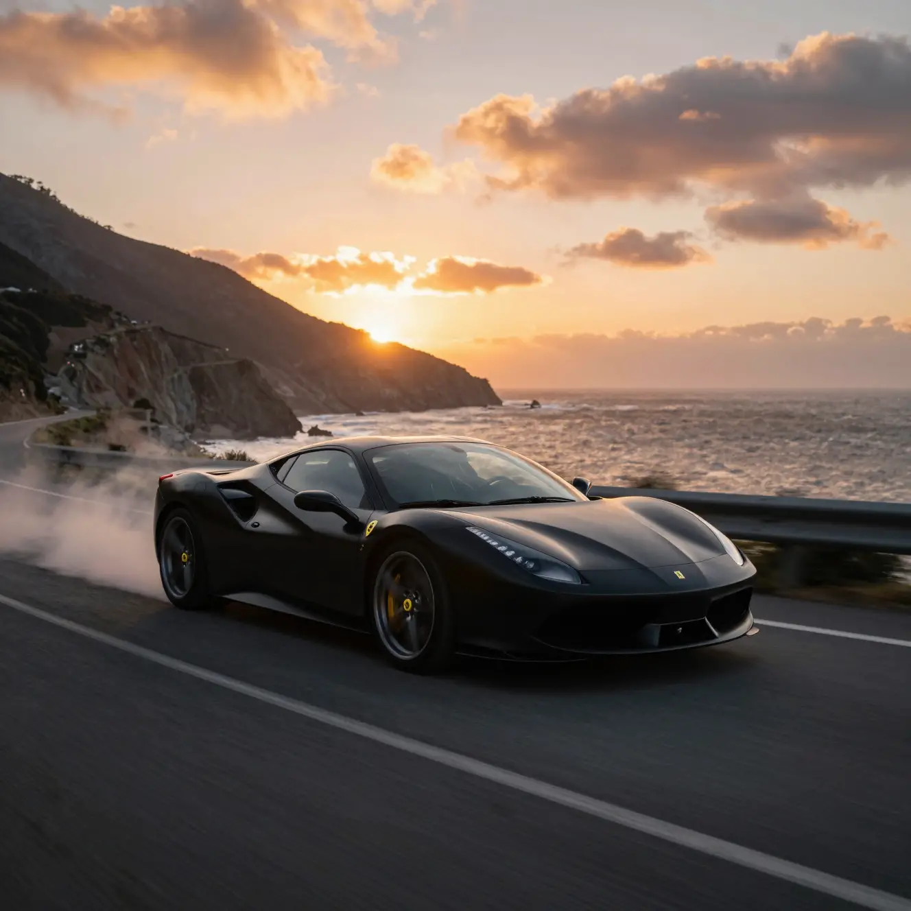 Black sports car drifting on a coastal mountain road