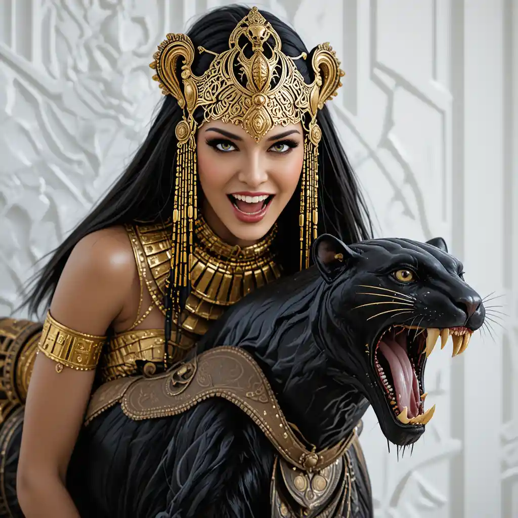 Mulher feroz de inspiração egípcia com pantera negra rosnando