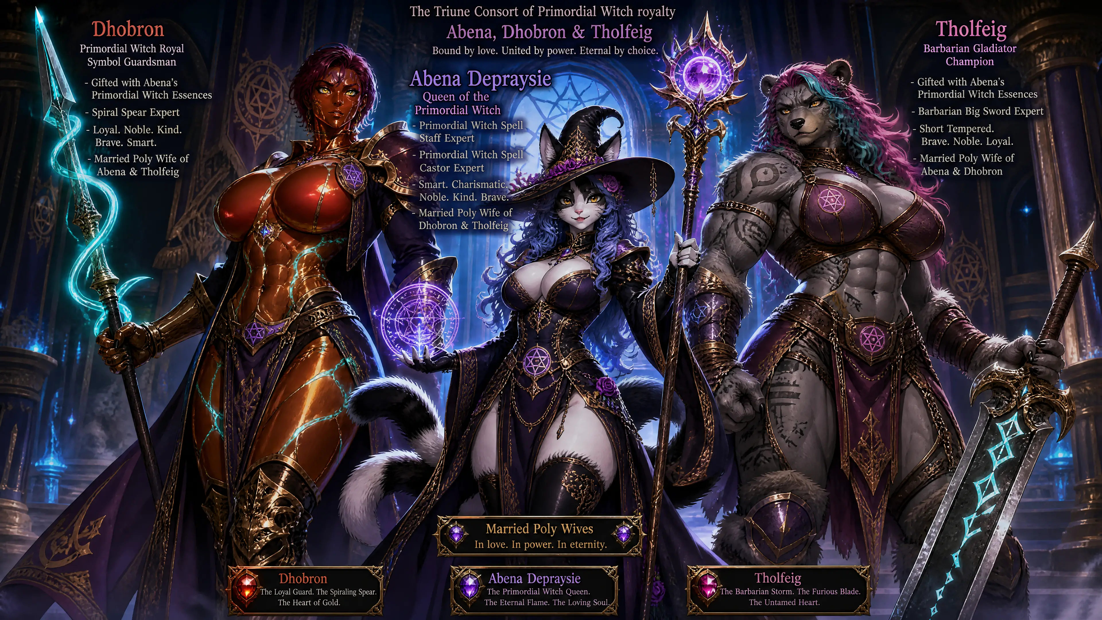 Reine sorcière féline royale avec double queue et bâton magique