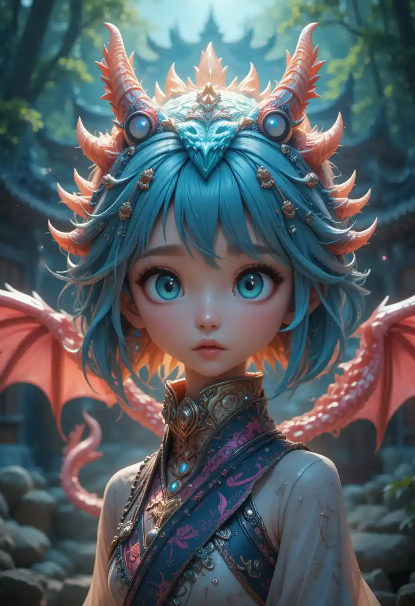 Anime girl facing dragons at a dramatic forest shrine