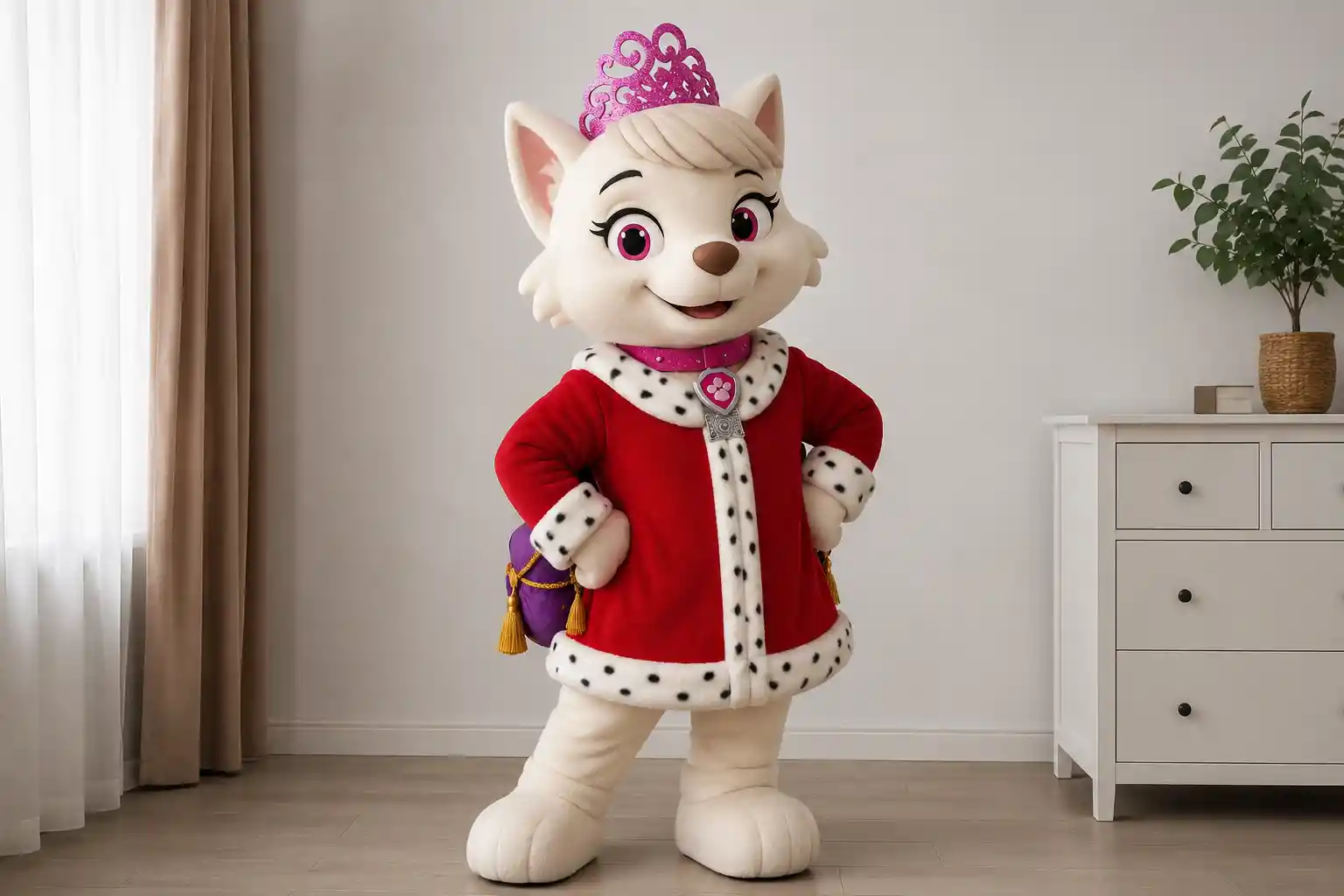 Mascote de cachorro princesa em um enquadramento de câmera amplo