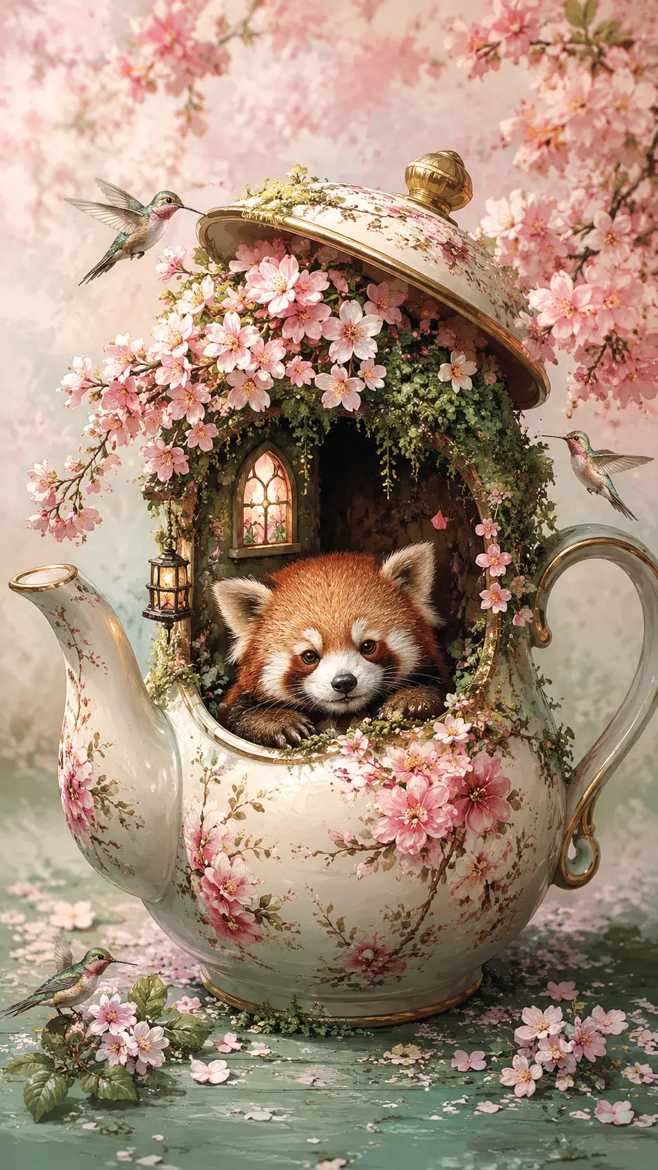 花が咲くティーポットの庭にちょこんと座るレッサーパンダ