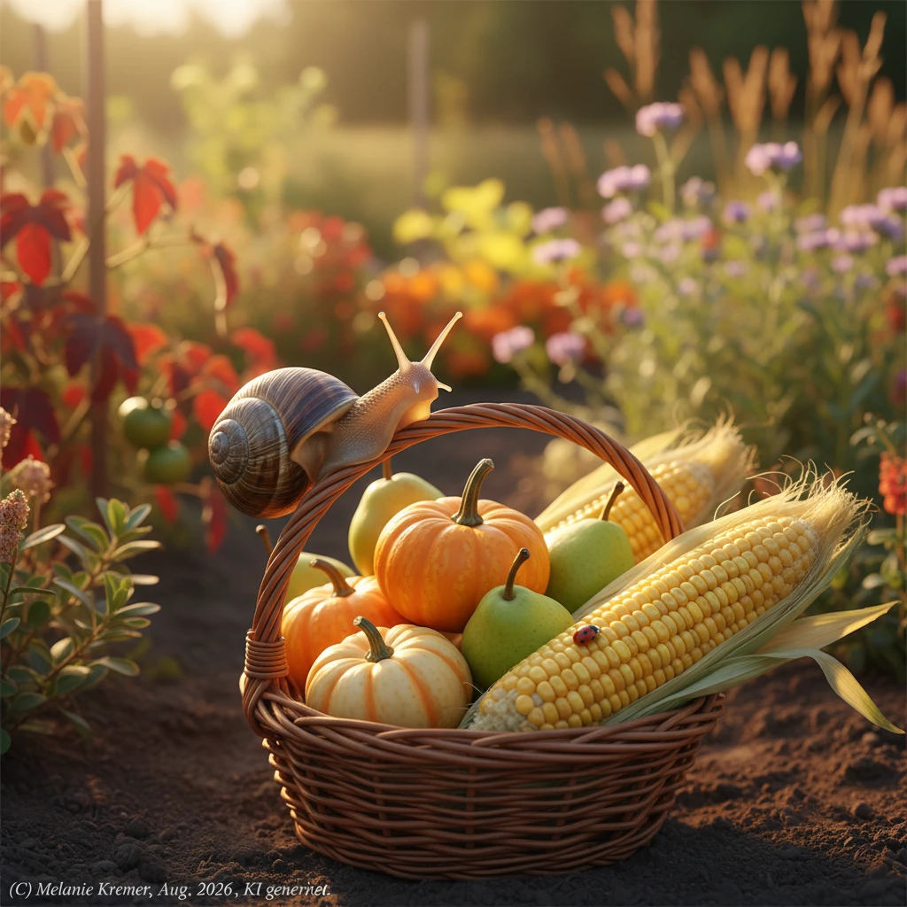 Playful garden snail climbing into rustic harvest basket