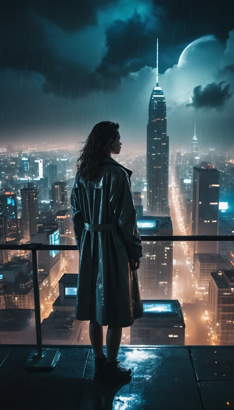 Mulher no topo de arranha-céu acima de cidade futurista em neon