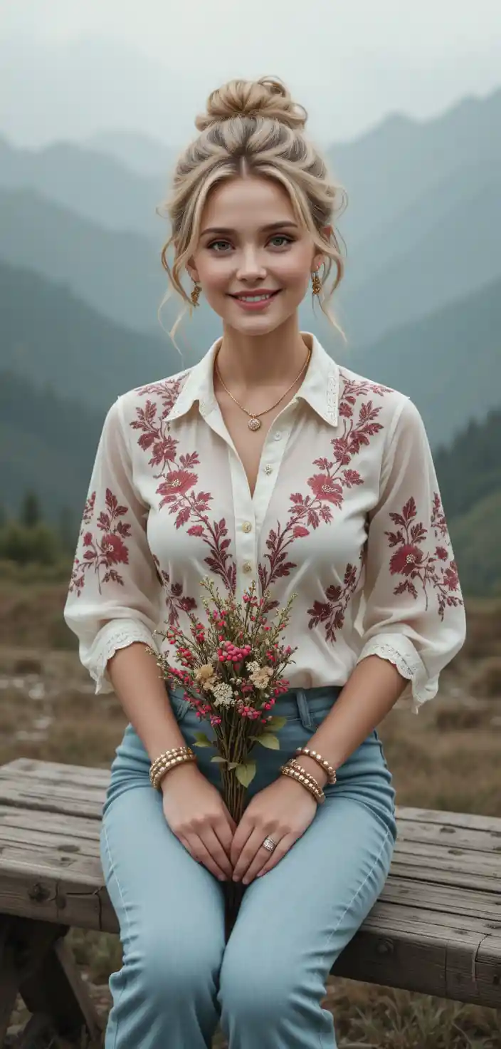 Smiling blonde woman on bench in misty mountain landscape