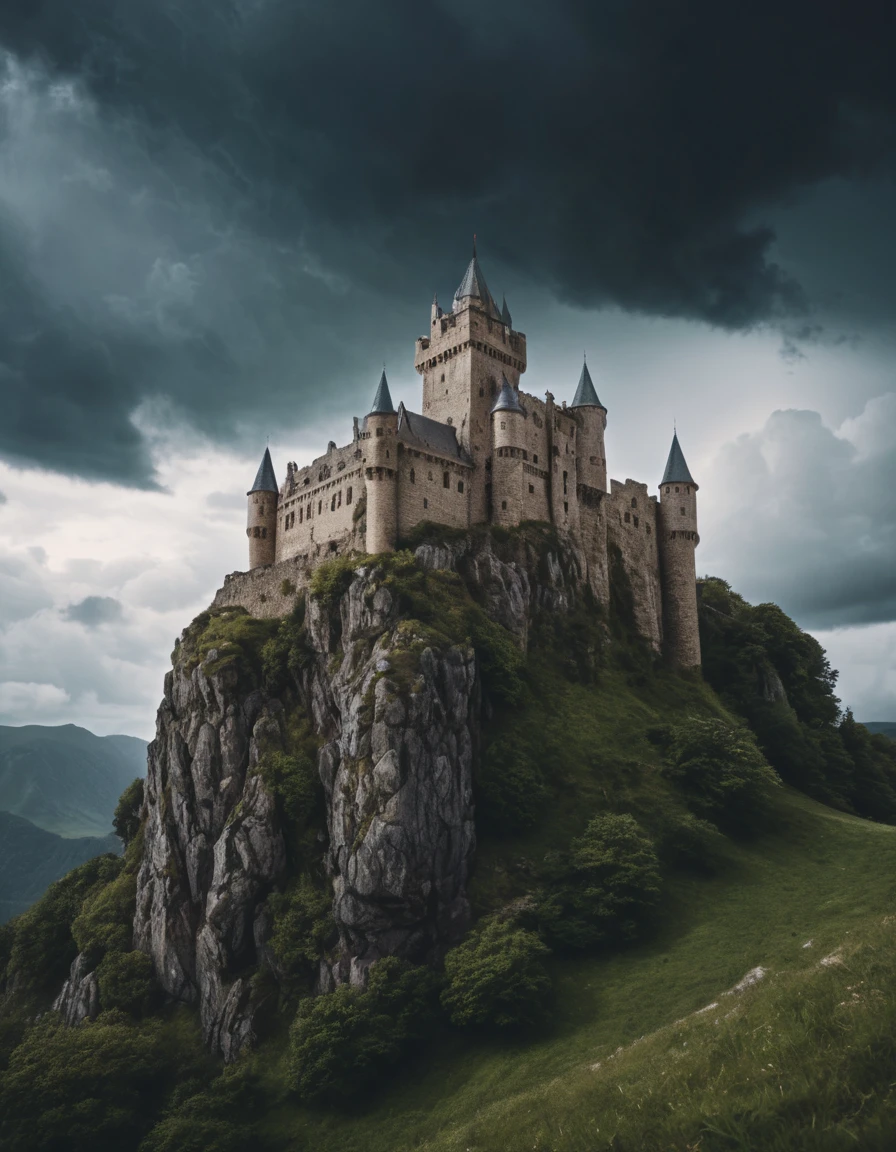 Castelo medieval no topo da montanha sob céu tempestuoso e dramático