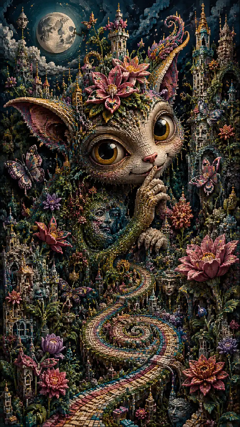 Surreal Brick Garden With Sly Fantasy Creature At Center