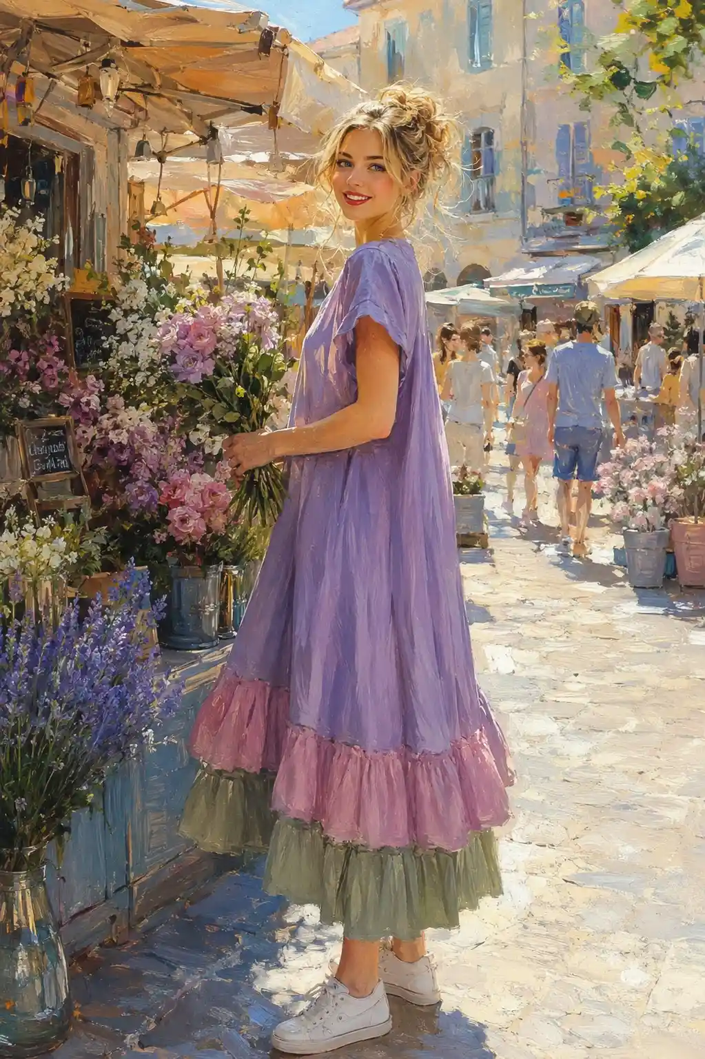 Mulher loira comprando flores em uma barraca de rua no verão