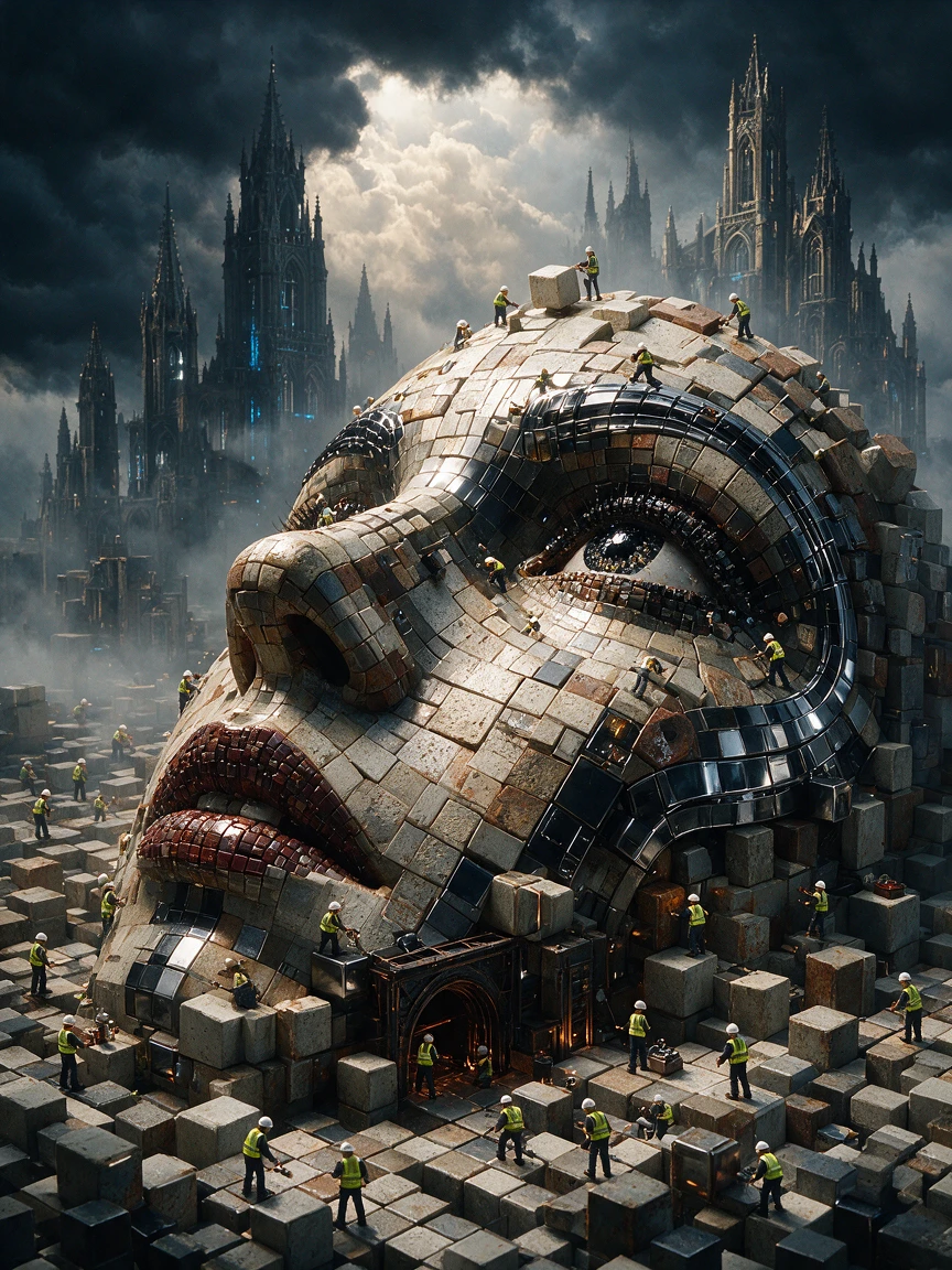 Rosto feminino surreal construído com minúsculos cubos coloridos