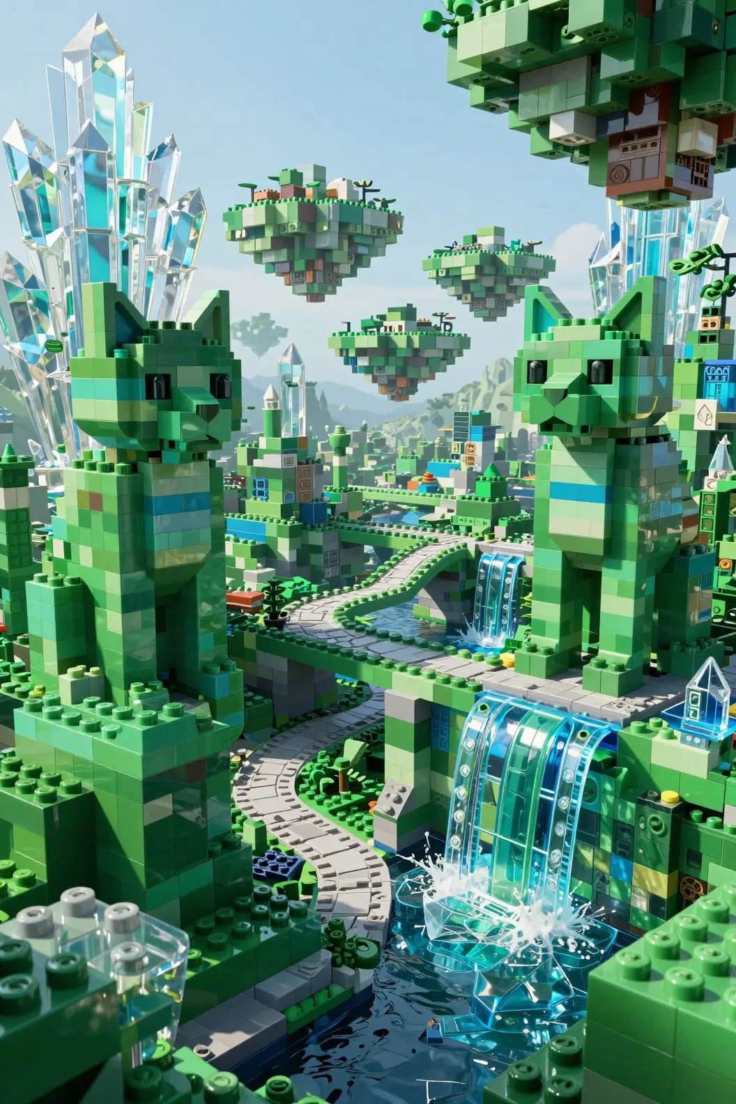 Emerald feline sanctuary built from chunky plastic bricks